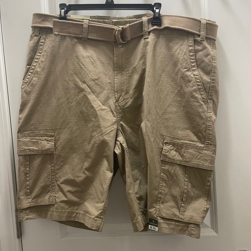 Mutual Weave Mens Belted Cargo Shorts 46 Tall Heritage Khaki 11 Inch Inseam NEW